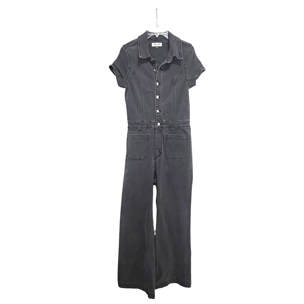 Rolla's Women Faded Black Denim Short Sleeve Wide Leg Utility Jumpsuit Size 12 L